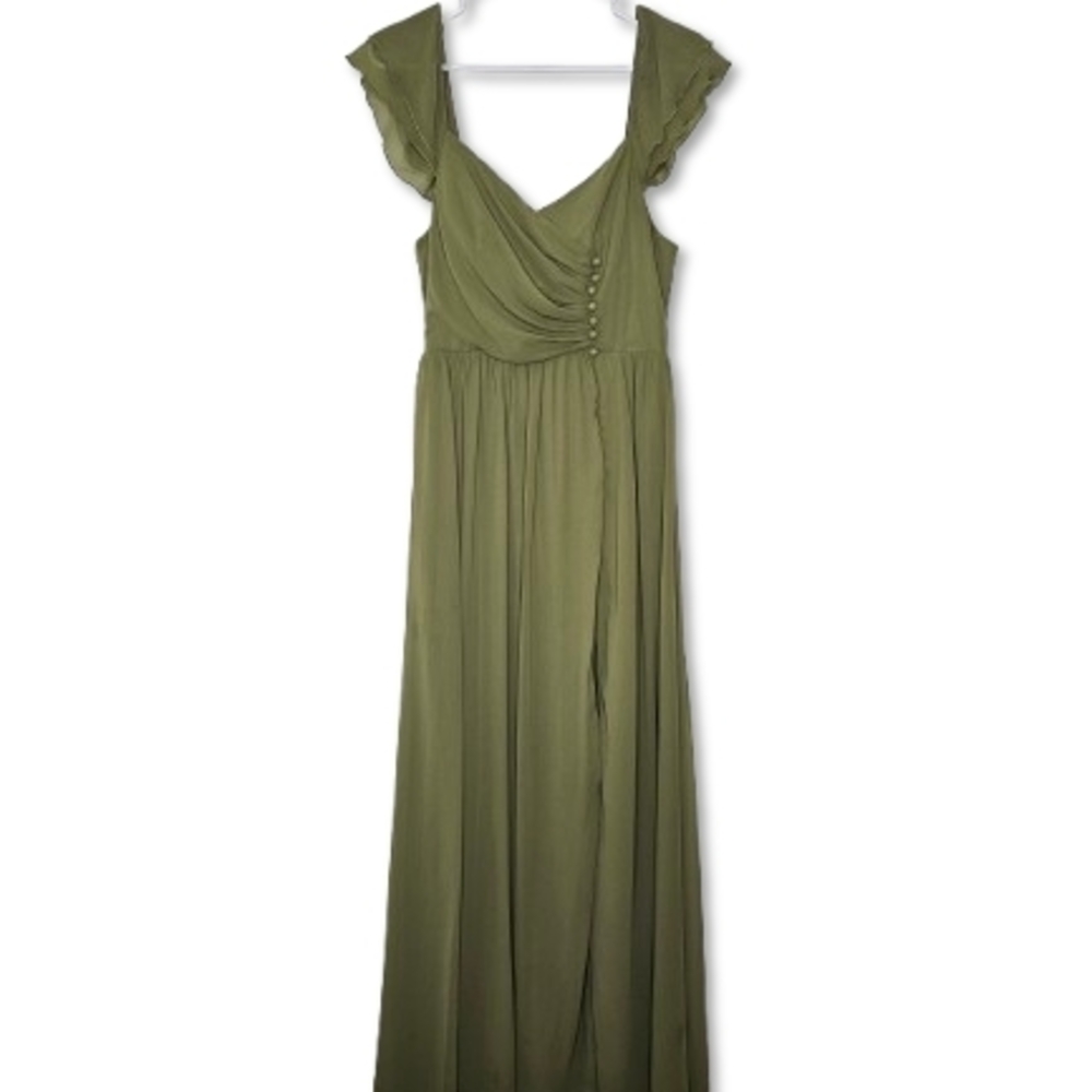 Olive Green Flutter Sleeve Maxi Dress | Button Front | Boho Cottagecore